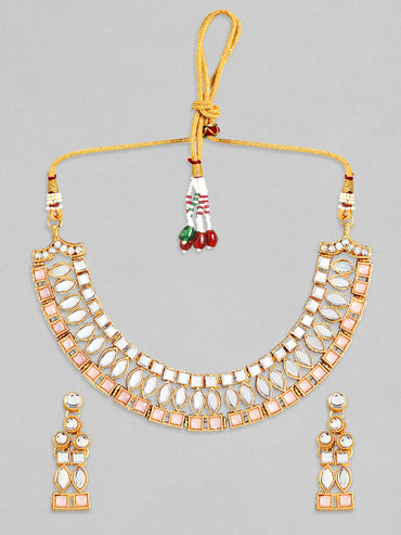 Rubans Gold Plated Necklace Set With Studded Mirror Design And Pink Stones