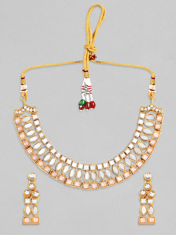 Rubans Gold Plated Necklace Set With Studded Mirror Design And Pink Stones