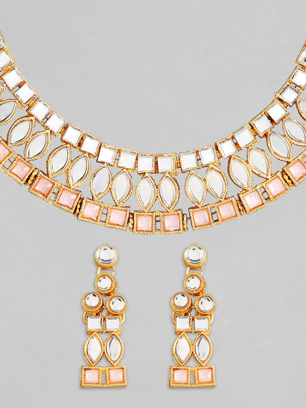 Rubans Gold Plated Necklace Set With Studded Mirror Design And Pink Stones