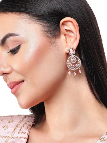 Rubans 18K Gold-Plated Pastel Pink AD & Cubic Zirconia Studded Chandelier Earrings