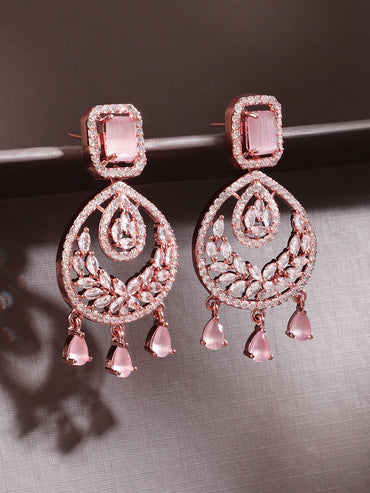 Rubans 18K Gold-Plated Pastel Pink AD & Cubic Zirconia Studded Chandelier Earrings