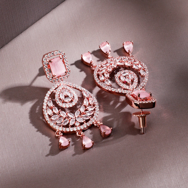 Rubans 18K Gold-Plated Pastel Pink AD & Cubic Zirconia Studded Chandelier Earrings