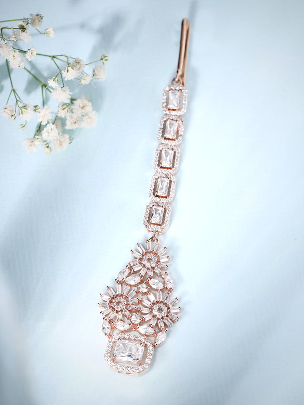 Rubans Rose Gold Plated Handcrafted AD Studded Maangtika.