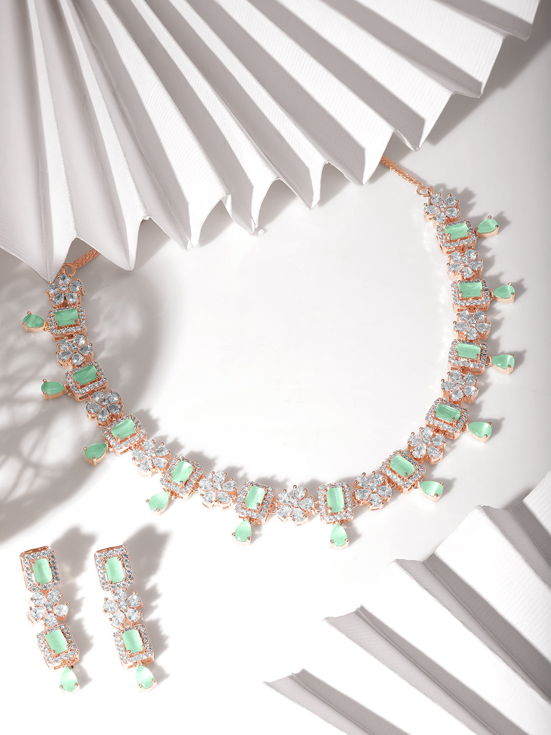 Rubans 22K Rose Gold Plated Mint Green Sapphire & Cubic Zirconia Studded Jewelry Set Design