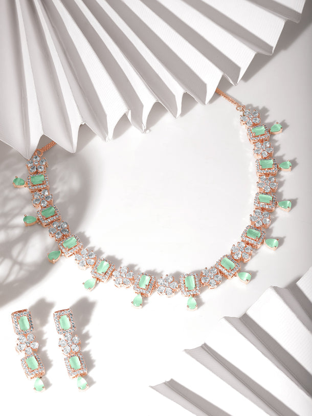 Rubans 22K Rose Gold Plated Mint Green Sapphire & Cubic Zirconia Studded Jewelry Set Design