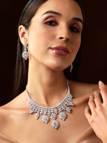 Rubans Silver Plated Pink Gemstone & AAA Cubic Zirconia Studded Floral Design Jewellery Set