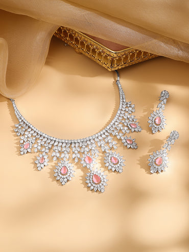 Rubans Silver Plated Pink Gemstone & AAA Cubic Zirconia Studded Floral Design Jewellery Set