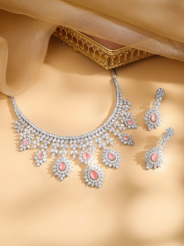 Rubans Silver Plated Pink Gemstone & AAA Cubic Zirconia Studded Floral Design Jewellery Set