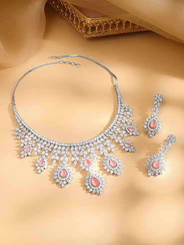 Rubans Silver Plated Pink Gemstone & AAA Cubic Zirconia Studded Floral Design Jewellery Set