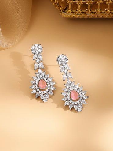 Rubans Silver Plated Pink Gemstone & AAA Cubic Zirconia Studded Floral Design Jewellery Set
