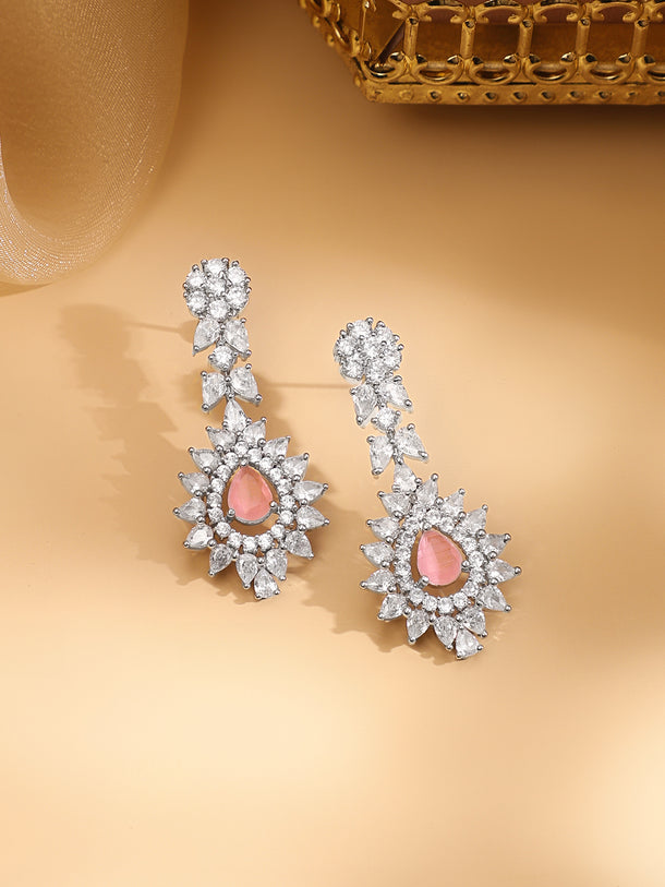 Rubans Silver Plated Pink Gemstone & AAA Cubic Zirconia Studded Floral Design Jewellery Set