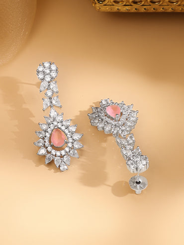 Rubans Silver Plated Pink Gemstone & AAA Cubic Zirconia Studded Floral Design Jewellery Set
