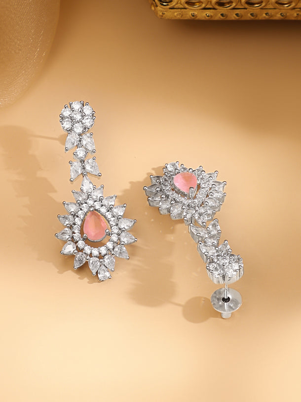 Rubans Silver Plated Pink Gemstone & AAA Cubic Zirconia Studded Floral Design Jewellery Set
