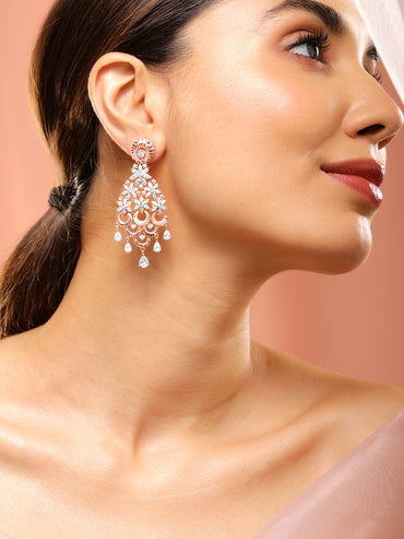 Rubans 18K Rose Gold White Cubic Zirconia Floral Cascading Floral Chandelier Earrings