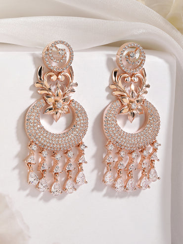 Rubans Zircon Studded Handcrafted Rose Gold Plated Floral Chandbali Earrings
