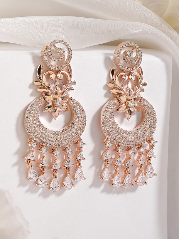 Rubans Zircon Studded Handcrafted Rose Gold Plated Floral Chandbali Earrings