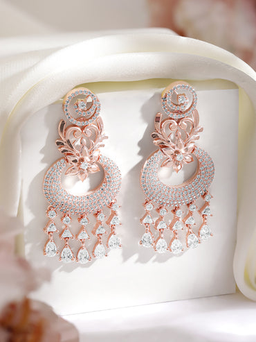Rubans Zircon Studded Handcrafted Rose Gold Plated Floral Chandbali Earrings