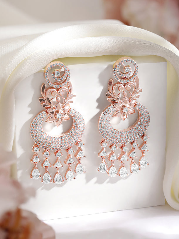 Rubans Zircon Studded Handcrafted Rose Gold Plated Floral Chandbali Earrings