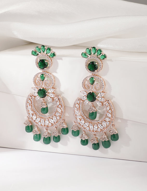 Rubans Rhodium plated Zirconia crystals studded pearl beaded chandelier earrings