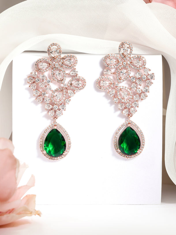 Green American Diamond Zirconia Rose Gold Dangler Earrings