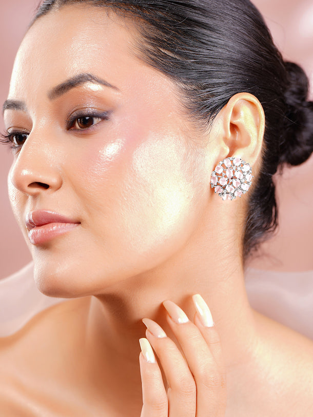 Rubans Silver Plated Handcrafted Pink Zircon Stone Stud Earrings
