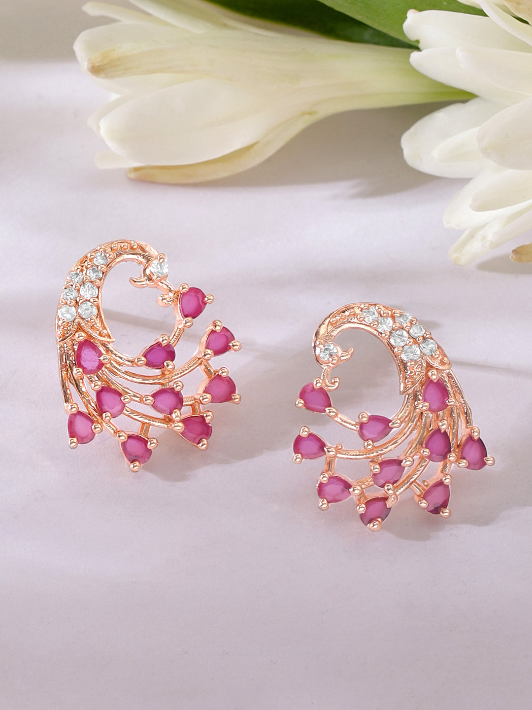 Rubans Rose-Gold Plated Peacock Shaped Ruby Studded Earrings