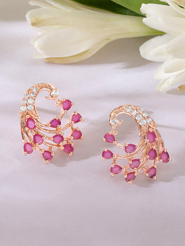 Rubans Rose-Gold Plated Peacock Shaped Ruby Studded Earrings