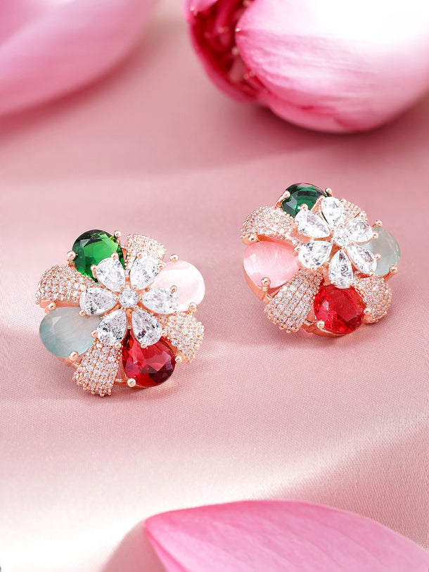 Rubans Rose Gold-Plated Multicolor AD Stud Earrings.