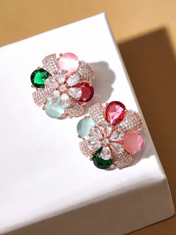 Rubans Rose Gold-Plated Multicolor AD Stud Earrings.