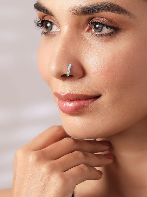 Rubans Silver-Plated White Cubic Zirconia- Stone Studded Handcrafted Adjustable Nose Clip