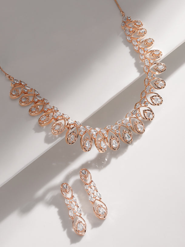 Rubans Zircon Studded Handcrafted Rose Gold Plated Statement Necklace Set