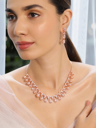 Rubans Zircon Studded Handcrafted Rose Gold Plated Statement Necklace Set