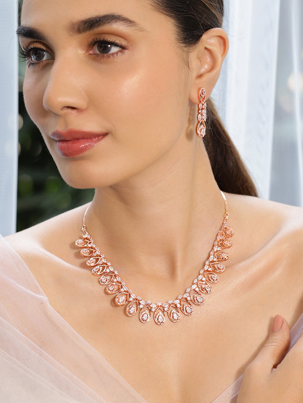 Rubans Zircon Studded Handcrafted Rose Gold Plated Statement Necklace Set
