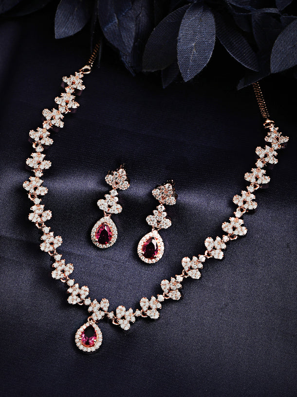 Rubans 22K Rose Gold-Plated Ruby Pink & White Cubic Zirconia Studded Necklace Set with Earrings