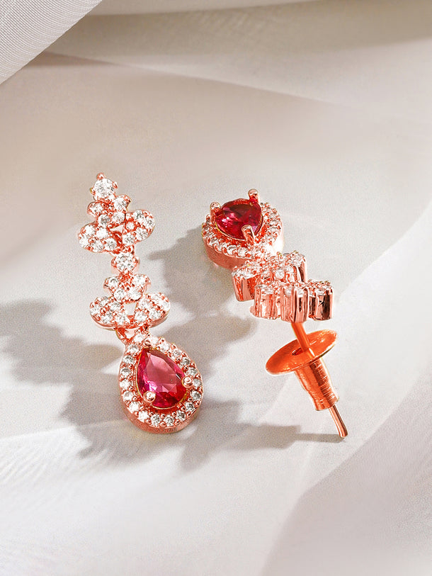 Rubans 22K Rose Gold-Plated Ruby Pink & White Cubic Zirconia Studded Necklace Set with Earrings