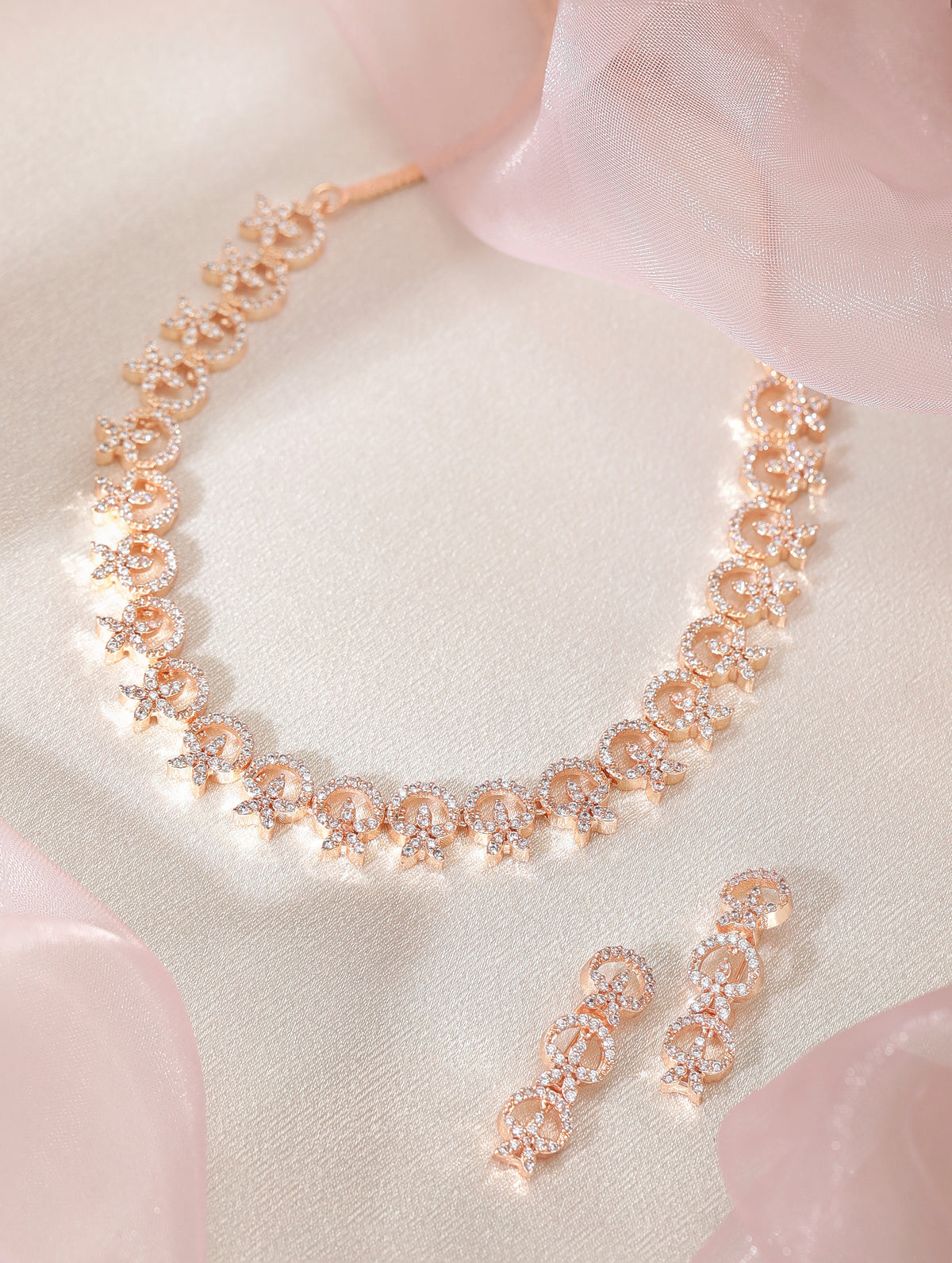 Rubans Contemporary Rose Gold Toned Necklace Set in CZ Stone