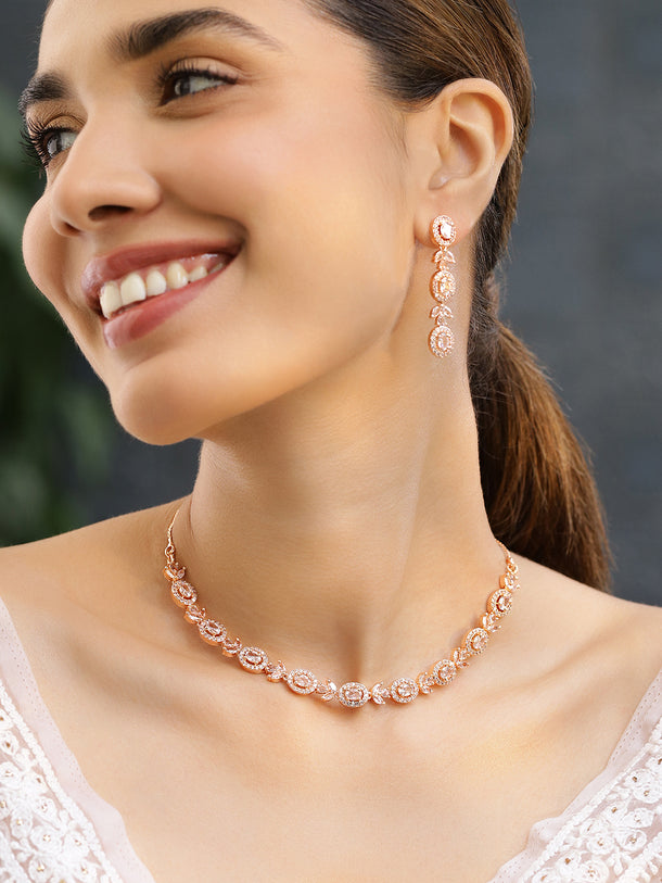 Rubans Simple Gold Toned CZ Necklace Set with Long Earrings