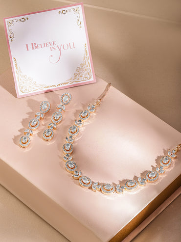 Rubans Simple Gold Toned CZ Necklace Set with Long Earrings