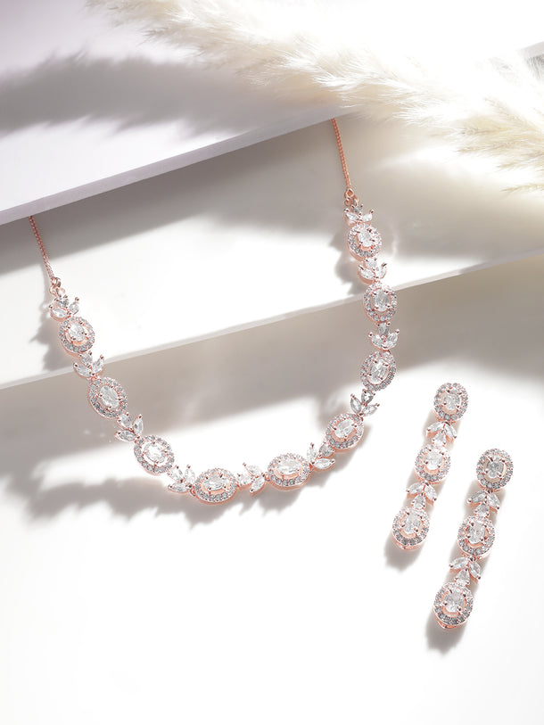 Rubans Simple Gold Toned CZ Necklace Set with Long Earrings