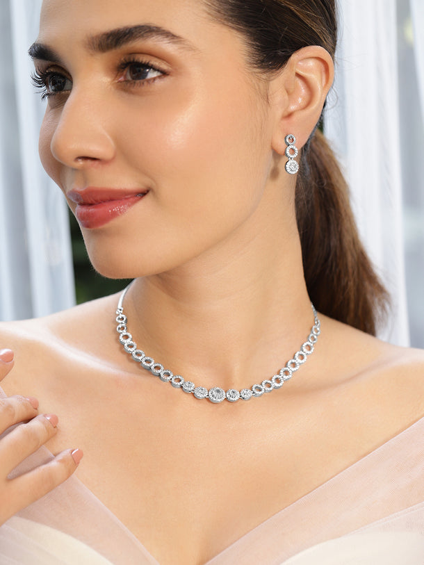 Rubans Silver Plated Minimal and Elegant AD Necklace Set