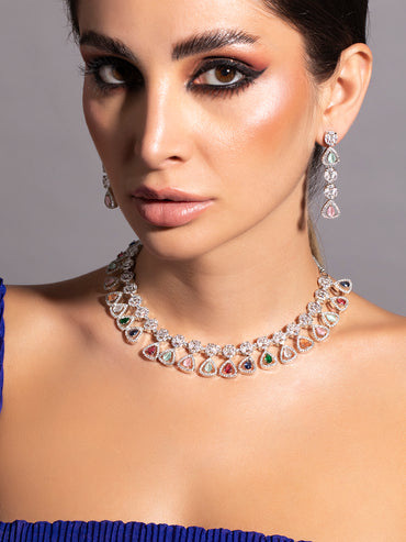 Rubans Silver Plated Multicoloured Stone Studded American Diamond Necklace Set.