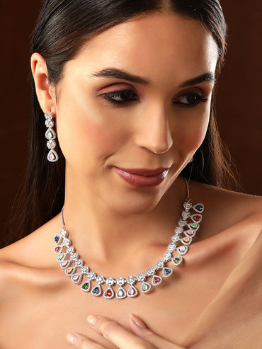 Rubans Silver Plated Multicoloured Stone Studded American Diamond Necklace Set.