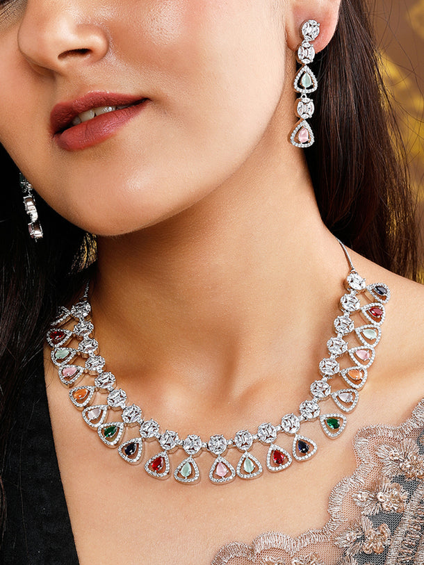 Rubans Silver Plated Multicoloured Stone Studded American Diamond Necklace Set.