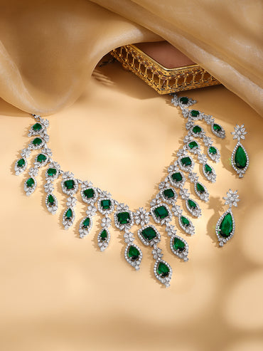 American Diamond Zirconia Floral Green Necklace Set