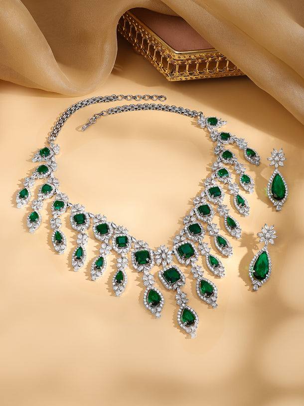 American Diamond Zirconia Floral Green Necklace Set