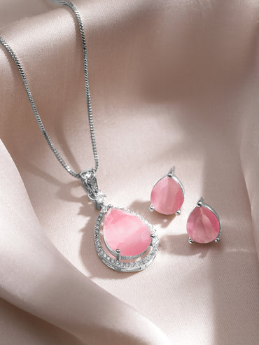 American Diamond Zirconia Pink Pendant Set