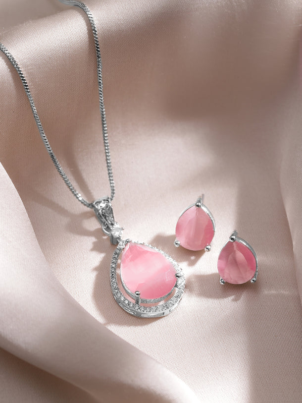 American Diamond Zirconia Pink Pendant Set