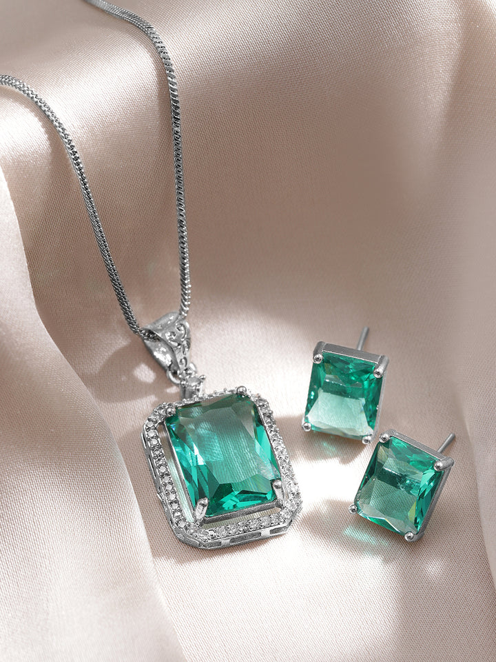 Premium Rhodium-Plated Aqua Green Sapphire & CZ Pendant Necklace Set