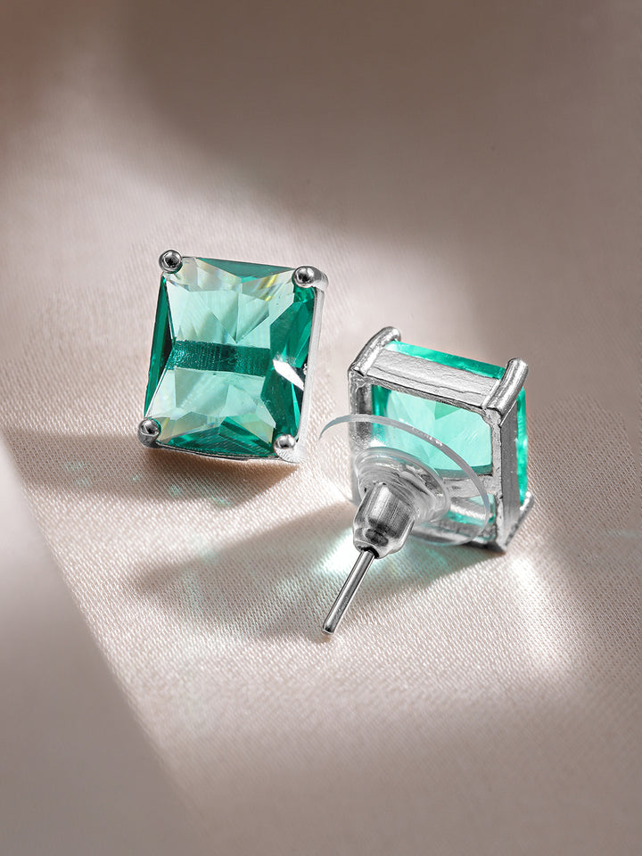 Premium Rhodium-Plated Aqua Green Sapphire & CZ Pendant Necklace Set