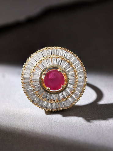 Rubans 22K Gold Plated Ruby Pink & White American Diamond Studded Adjustable Finger Ring